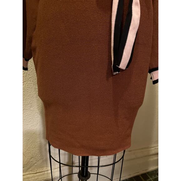 Off the Shoulder Boat Neck Contrast Long Sleeve Knit Belted Sweater Dress Size M - Picture 7 of 14